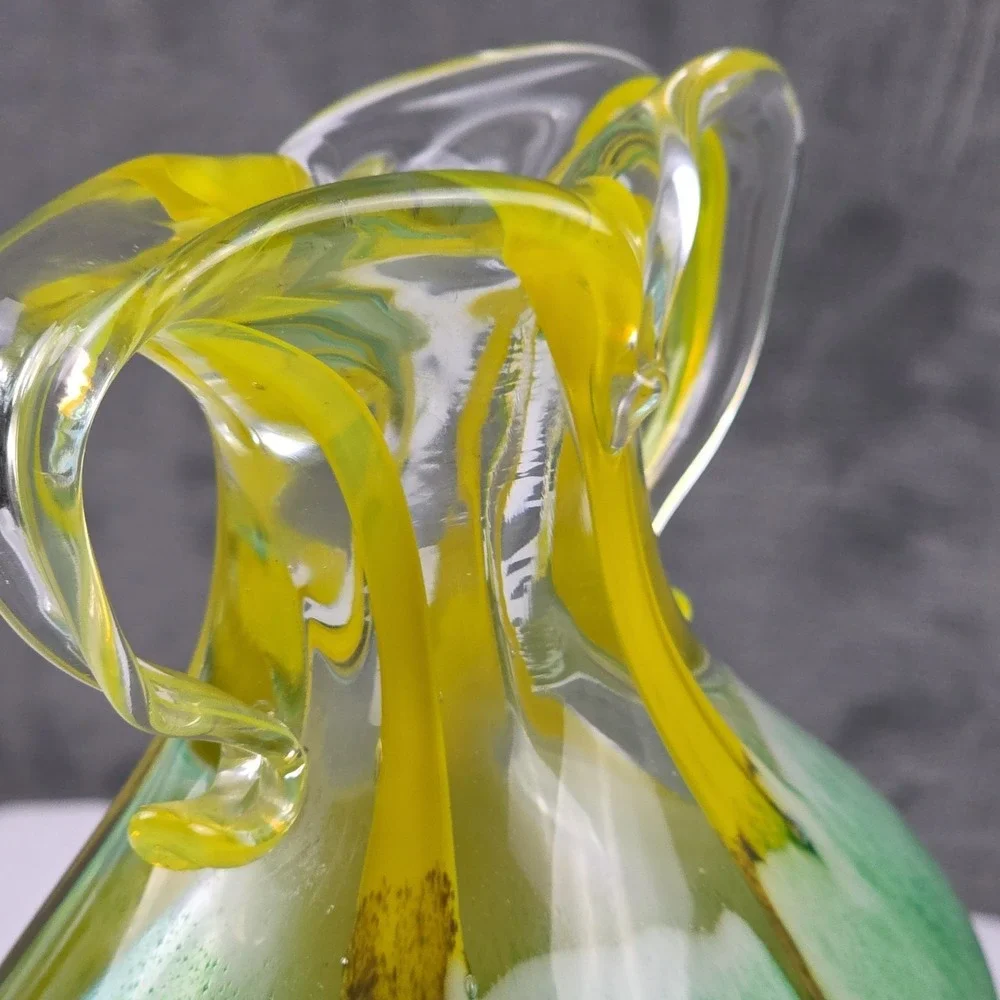 Murano Style Art Glass Vase Millefiori Yellow Green Double Handle Vase 11